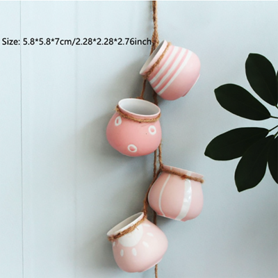 4pcs Wall-mounted Pink White Ceramic Hanging Flower Pots