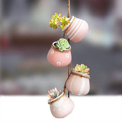 4pcs Wall-mounted Pink White Ceramic Hanging Flower Pots