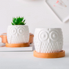 Ceramic White Owl Flower Pots With Bamboo Tray Holder (Set Of 2)